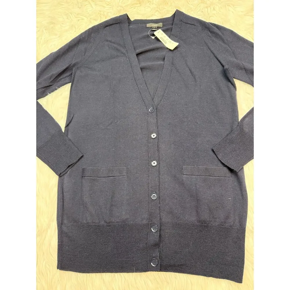 J. Crew Classic Merino Wool Long Lightweight Cardigan Sweater Navy Size S NWT